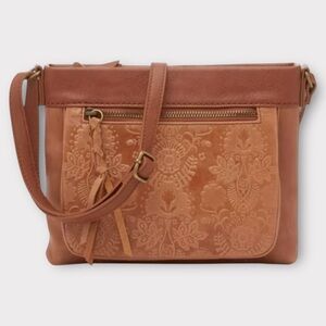 The Sak Sanibel Boho Brown Leather Crossbody Bag 9.25”x7.25” Embossed Floral